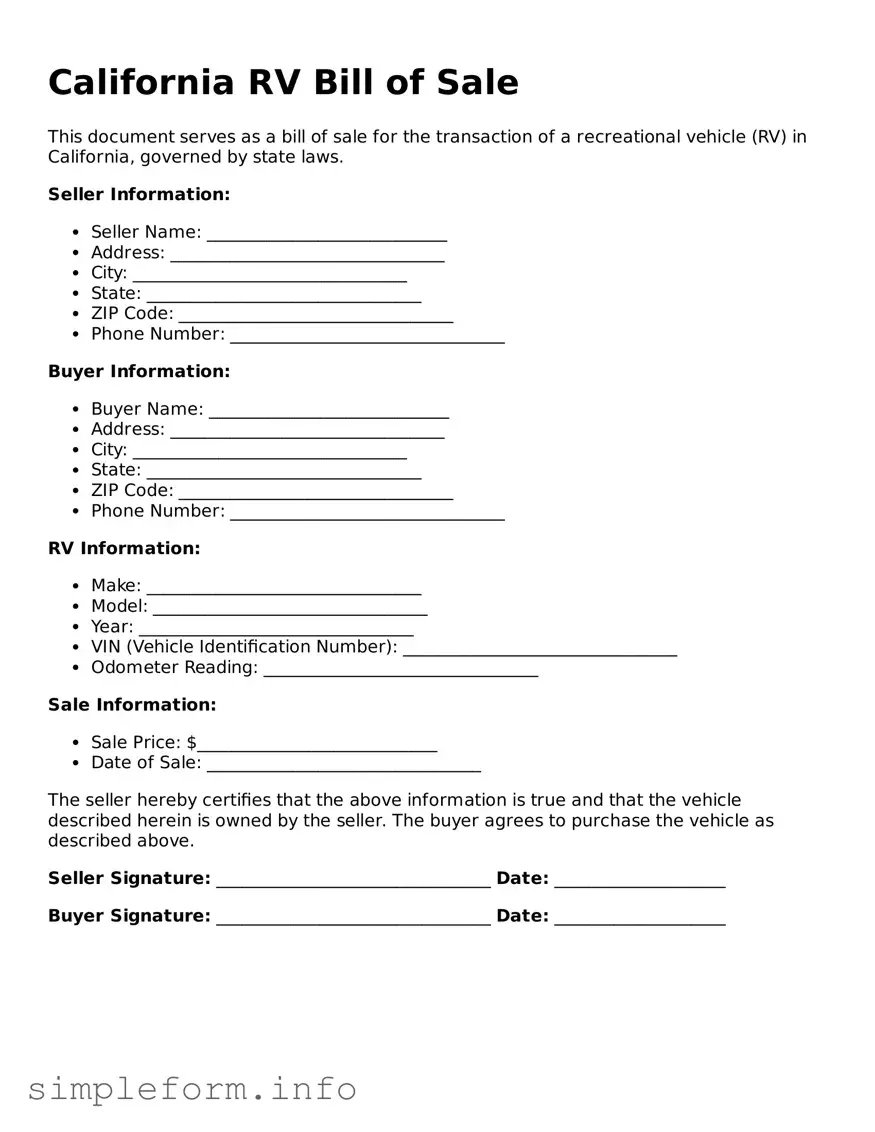 Attorney-Verified  RV Bill of Sale Form for California