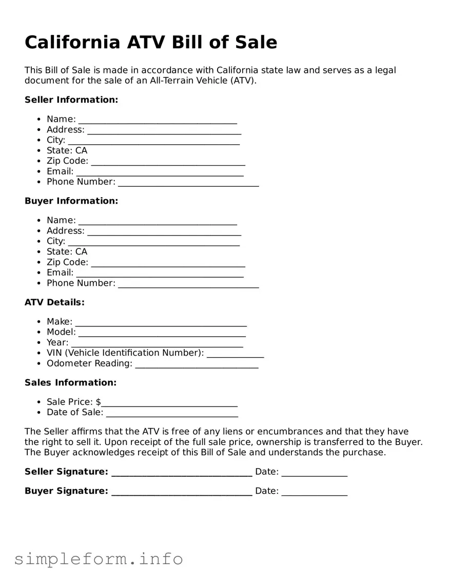 Attorney-Verified  ATV Bill of Sale Form for California