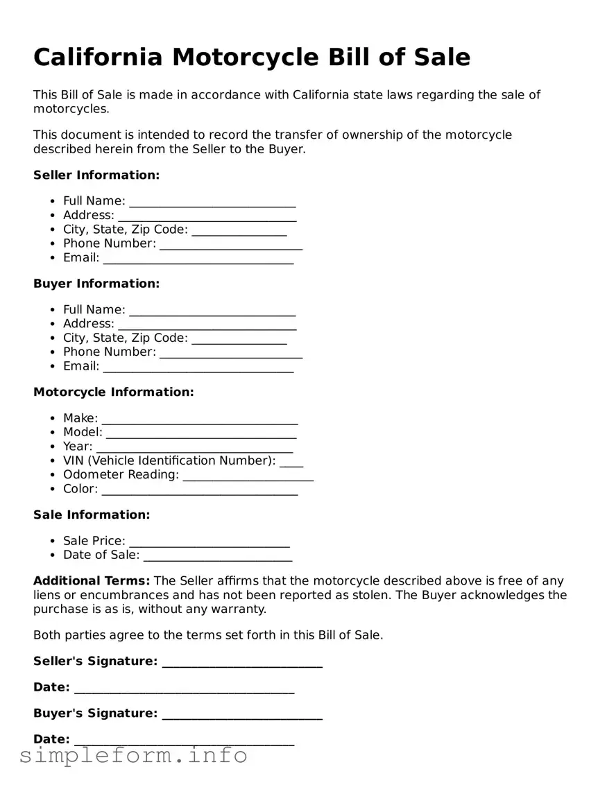 Attorney-Verified  Motorcycle Bill of Sale Form for California