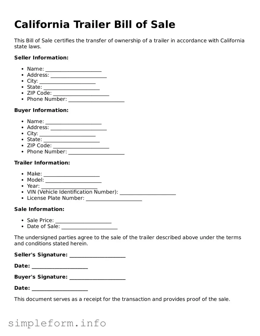Attorney-Verified  Trailer Bill of Sale Form for California