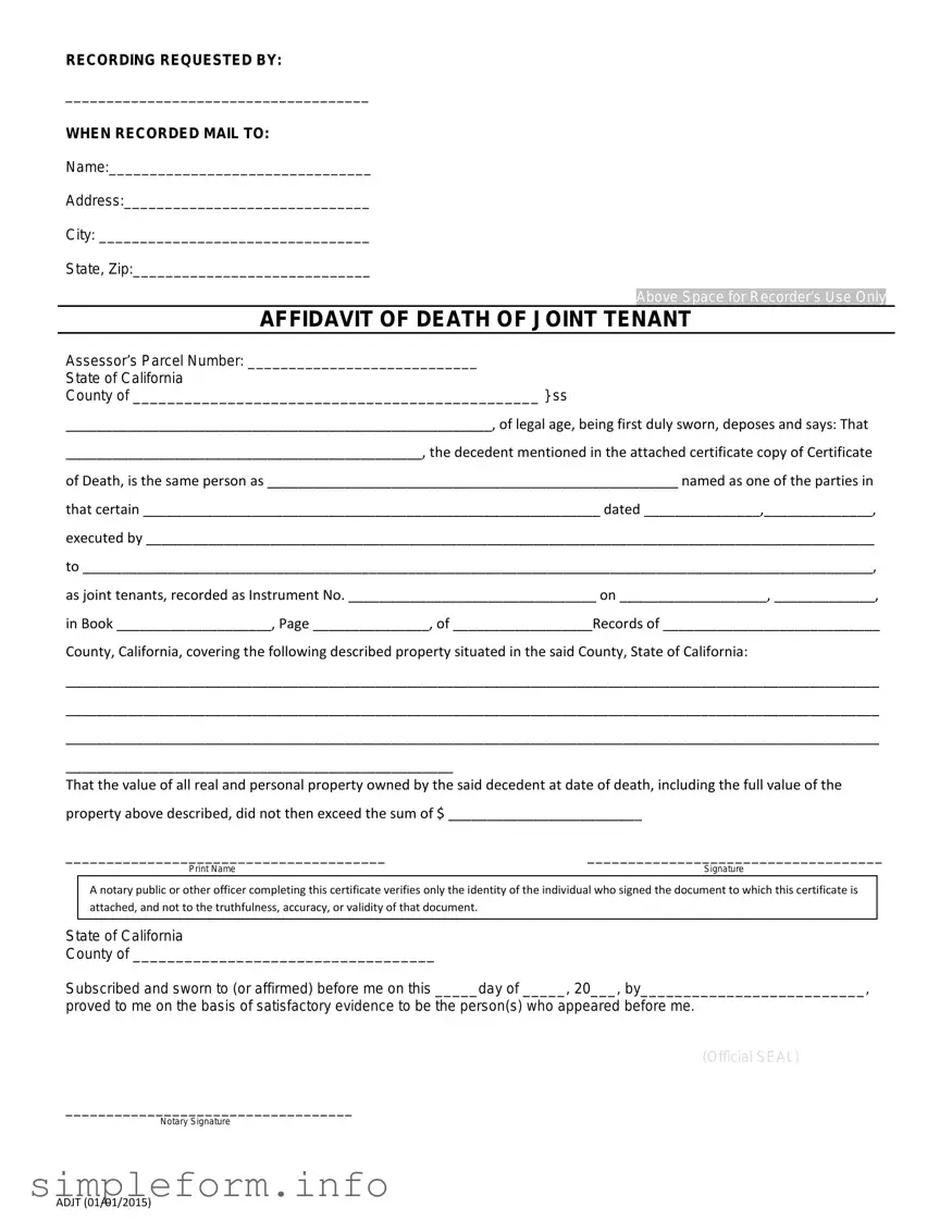 Fill Out a Valid California Death of a Joint Tenant Affidavit Form