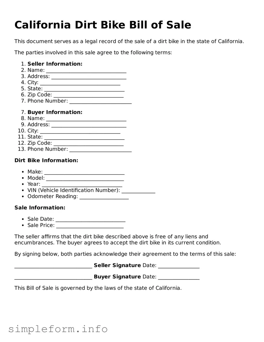 Attorney-Verified  Dirt Bike Bill of Sale Form for California