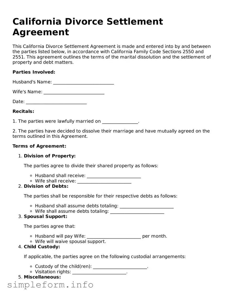 Attorney-Verified  Divorce Settlement Agreement Form for California