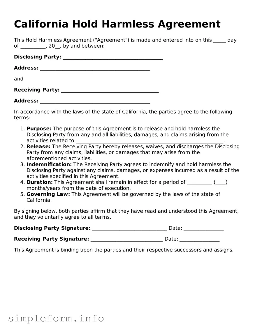 Attorney-Verified  Hold Harmless Agreement Form for California