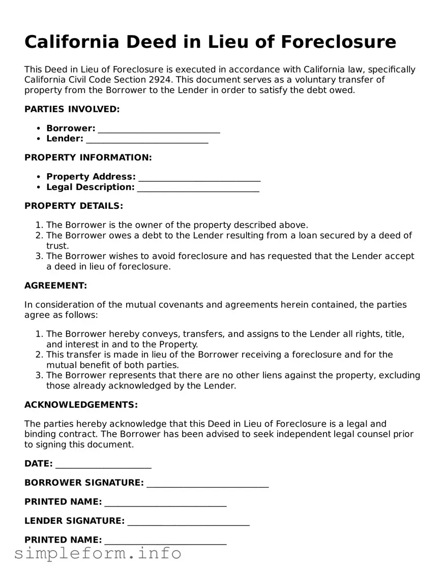 Attorney-Verified  Deed in Lieu of Foreclosure Form for California