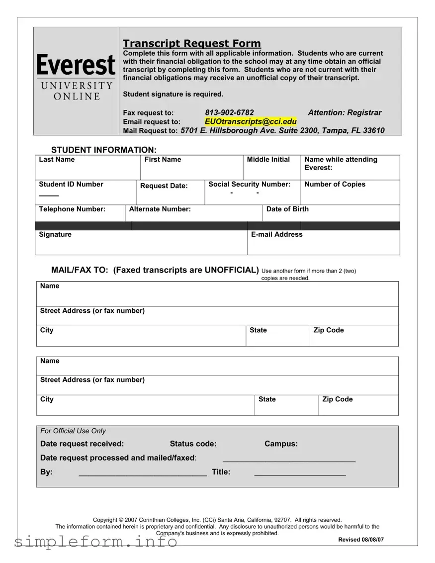 Fill Out a Valid Everest University Transcript Form
