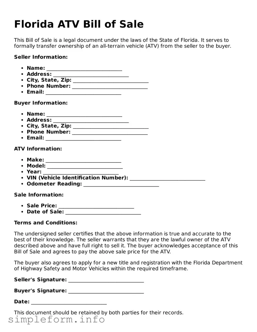 Attorney-Verified  ATV Bill of Sale Form for Florida