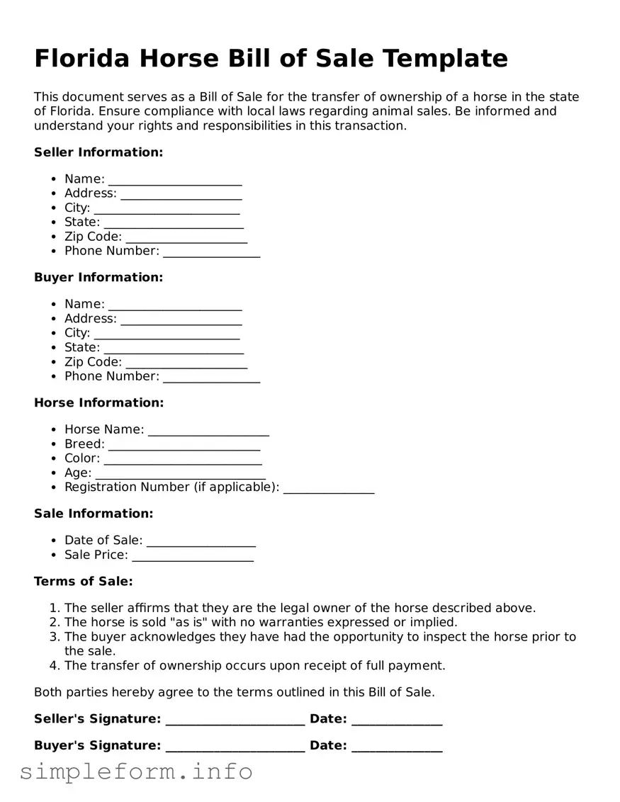 Attorney-Verified  Horse Bill of Sale Form for Florida