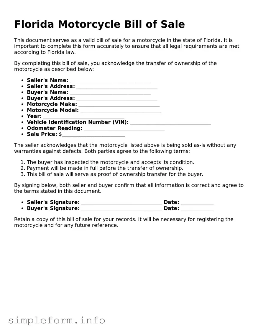Attorney-Verified  Motorcycle Bill of Sale Form for Florida