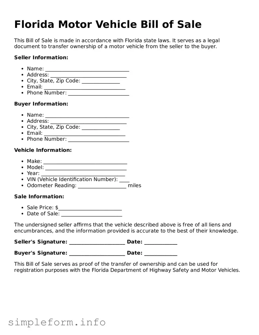 Attorney-Verified  Motor Vehicle Bill of Sale Form for Florida