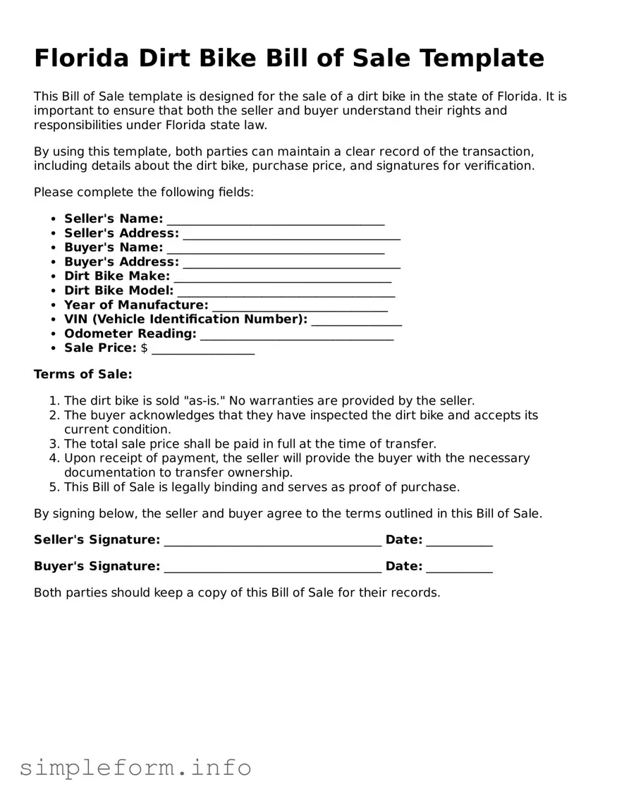 Attorney-Verified  Dirt Bike Bill of Sale Form for Florida