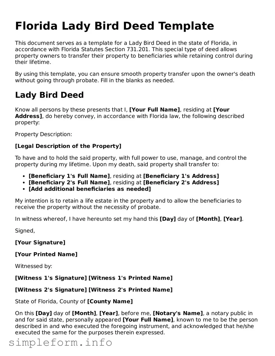 Attorney-Verified  Lady Bird Deed Form for Florida