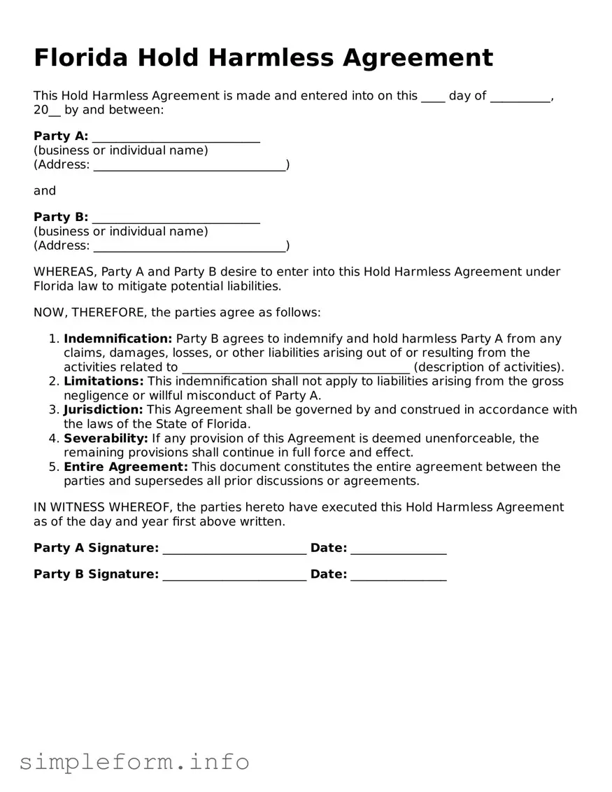 Attorney-Verified  Hold Harmless Agreement Form for Florida
