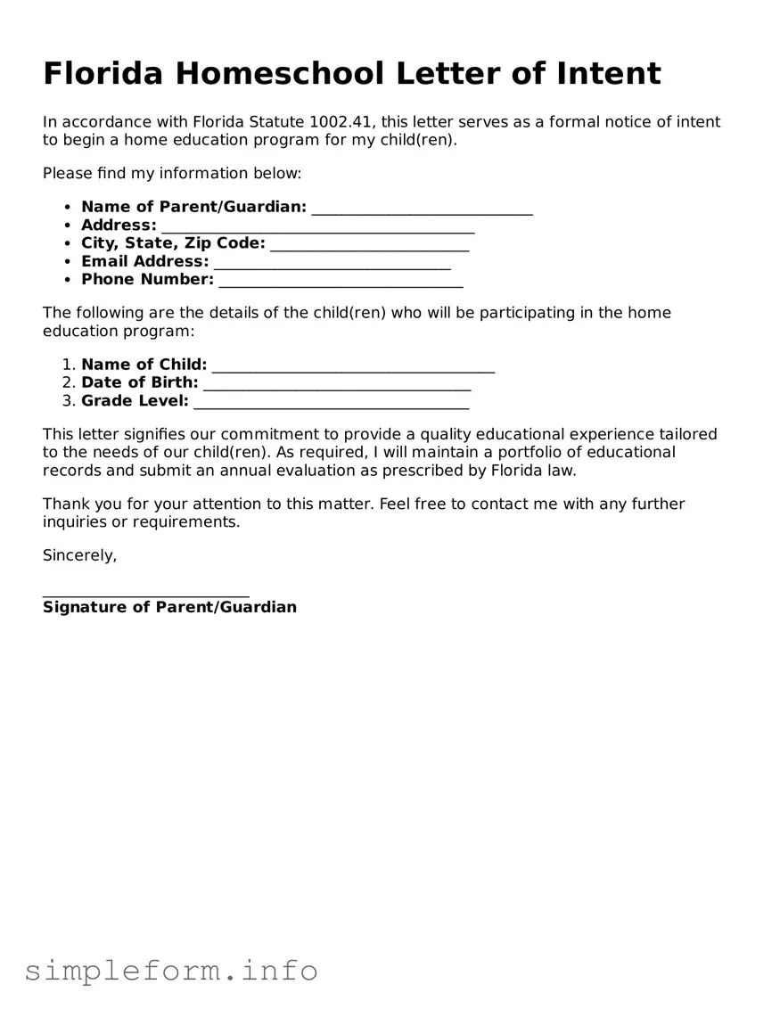 Attorney-Verified  Homeschool Letter of Intent Form for Florida