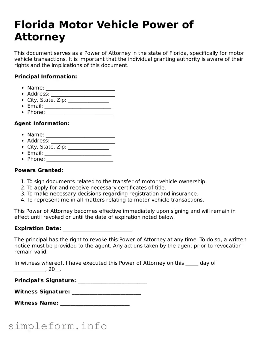 Attorney-Verified  Motor Vehicle Power of Attorney Form for Florida