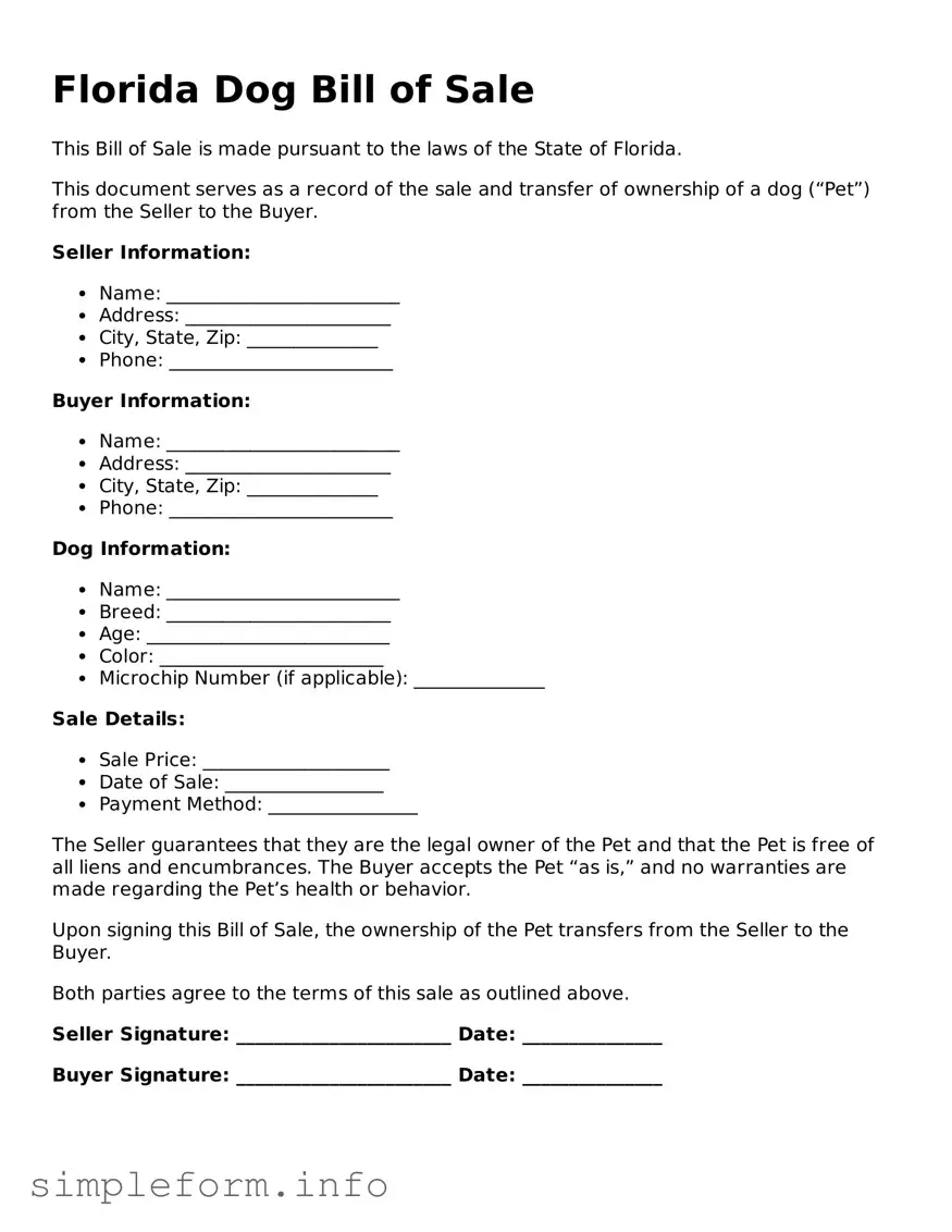 Attorney-Verified  Dog Bill of Sale Form for Florida
