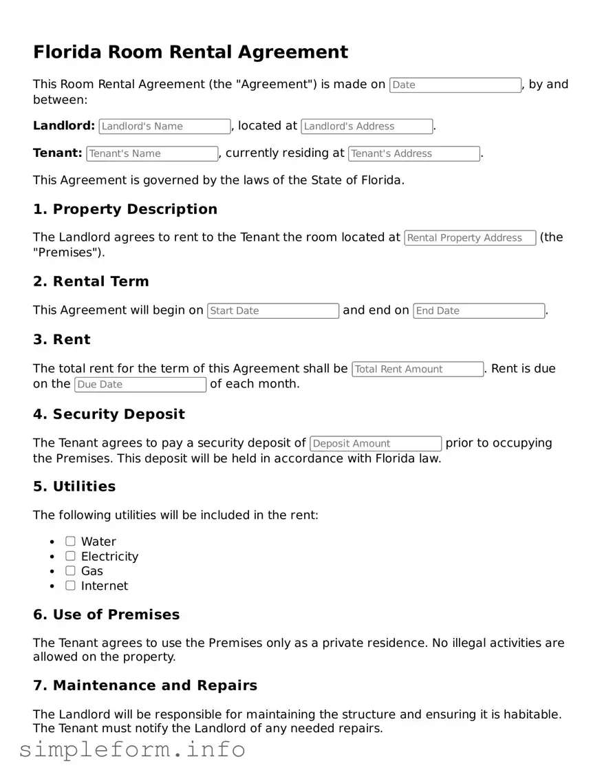 Attorney-Verified  Room Rental Agreement Form for Florida