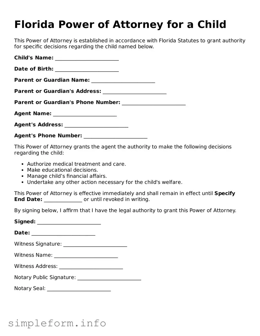 Attorney-Verified  Power of Attorney for a Child Form for Florida