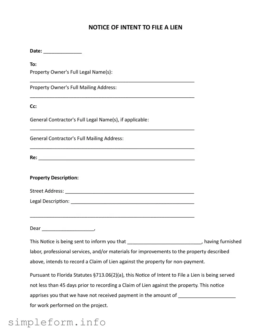 Fill Out a Valid Intent To Lien Florida Form