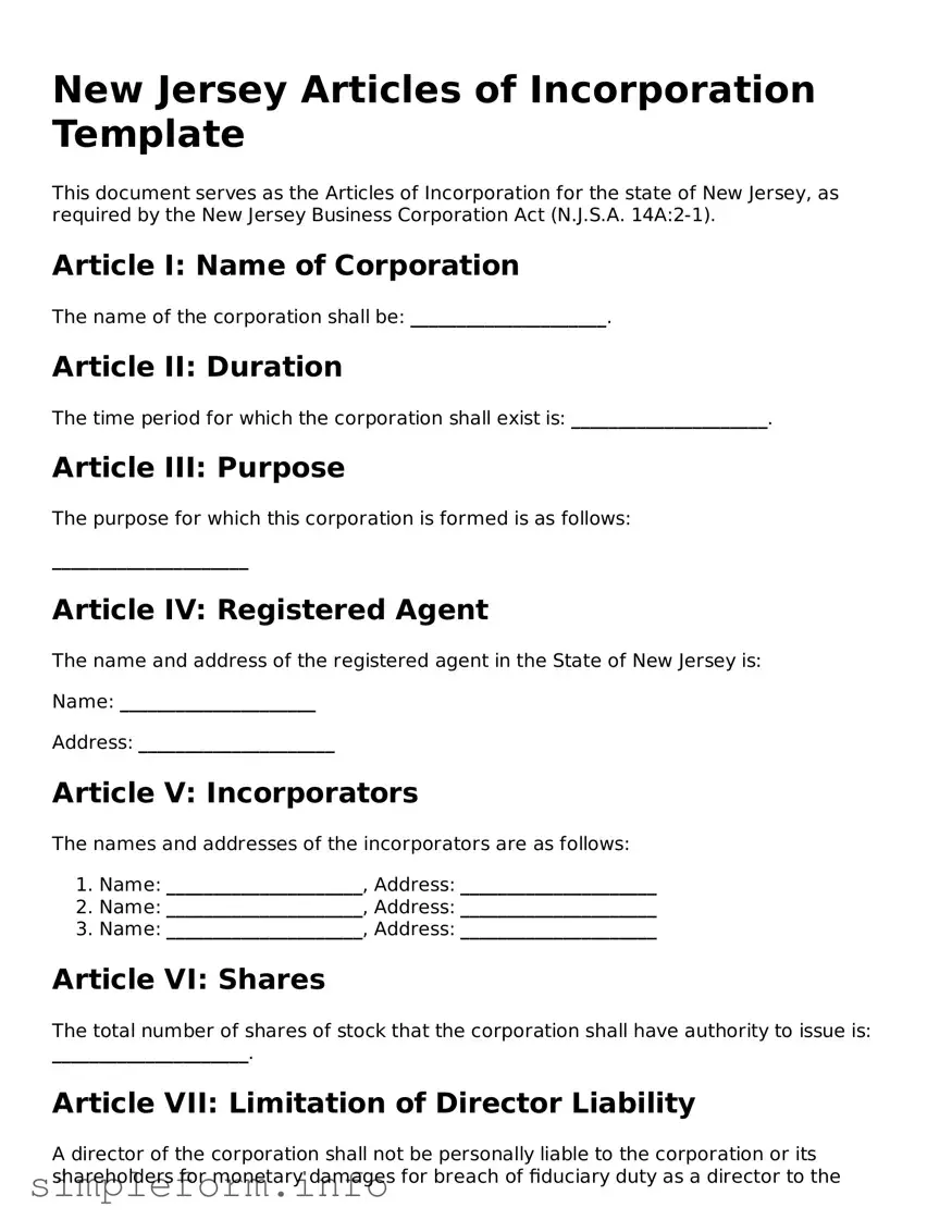 Attorney-Verified  Articles of Incorporation Form for New Jersey