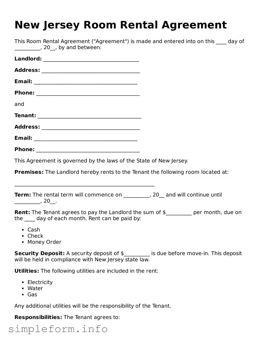 Attorney-Verified  Room Rental Agreement Form for New Jersey