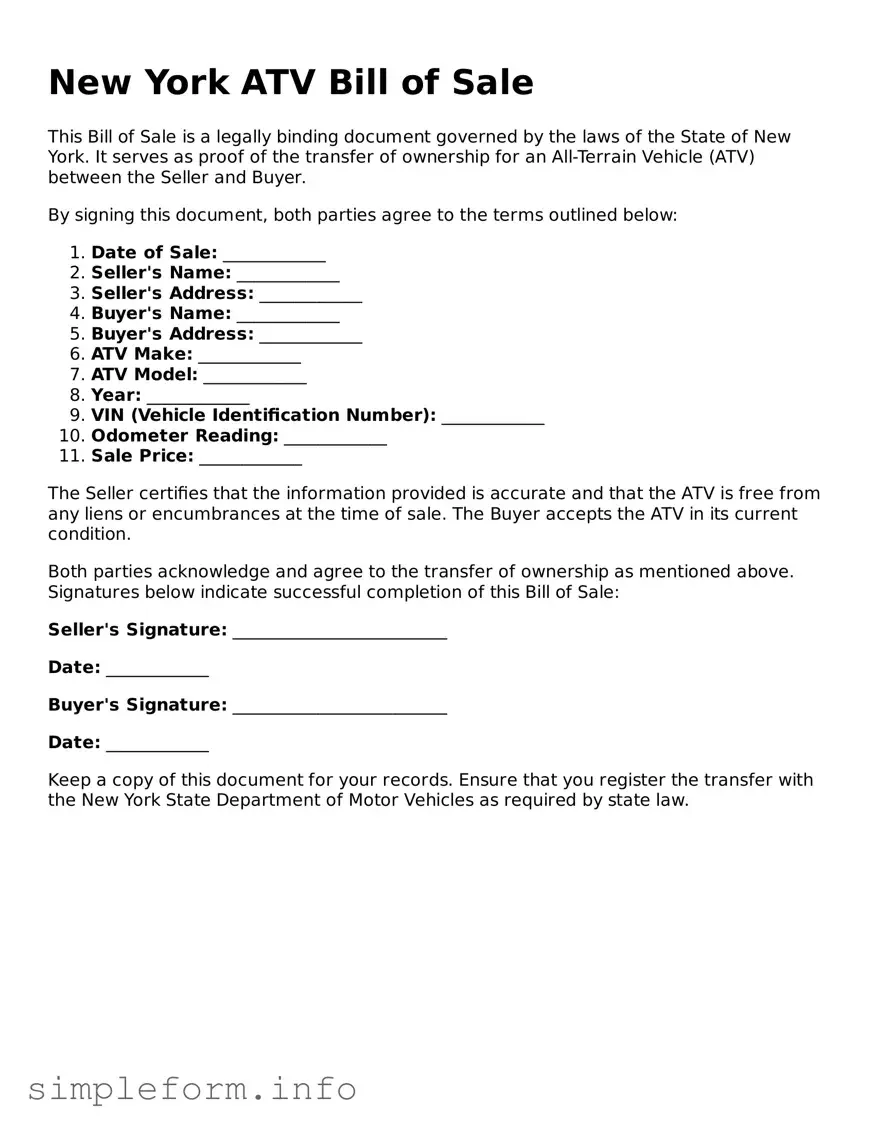 Attorney-Verified  ATV Bill of Sale Form for New York