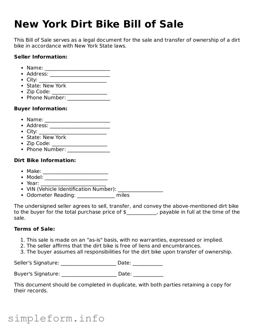 Attorney-Verified  Dirt Bike Bill of Sale Form for New York
