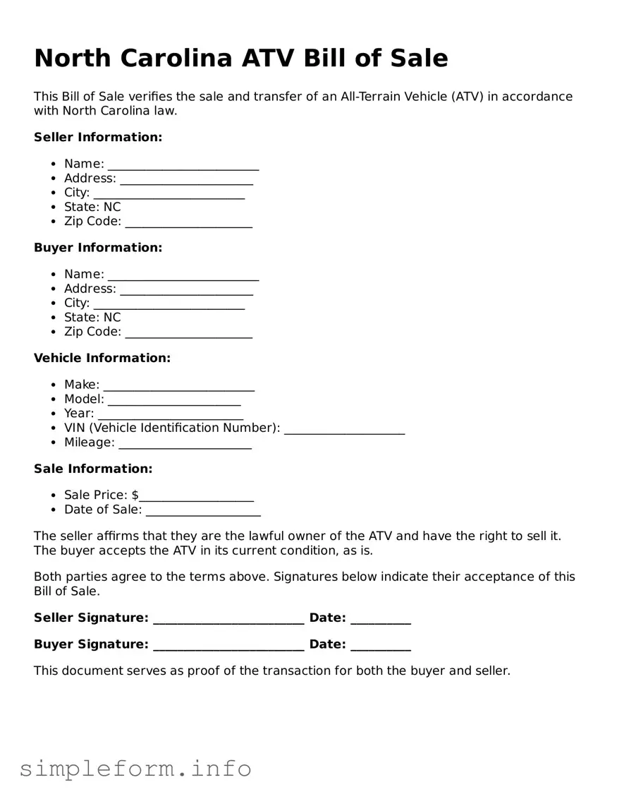 Attorney-Verified  ATV Bill of Sale Form for North Carolina