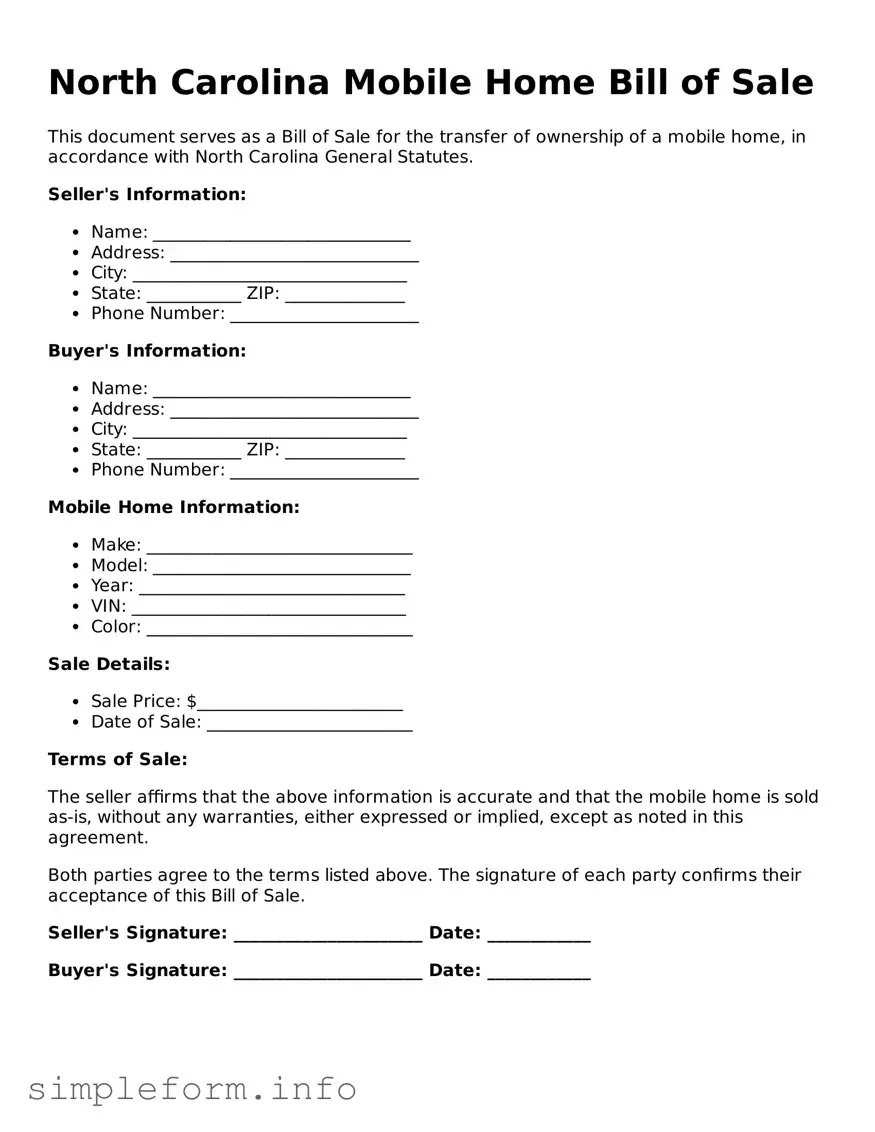 Attorney-Verified  Mobile Home Bill of Sale Form for North Carolina