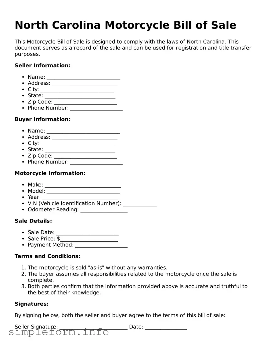 Attorney-Verified  Motorcycle Bill of Sale Form for North Carolina