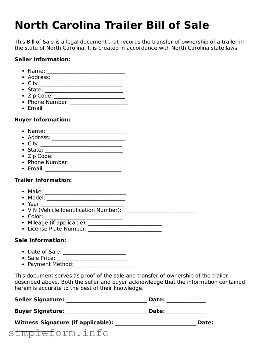 Attorney-Verified  Trailer Bill of Sale Form for North Carolina