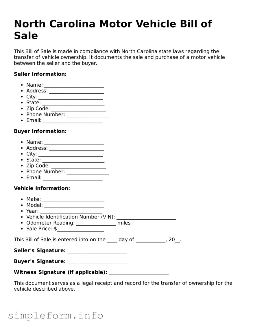 Attorney-Verified  Motor Vehicle Bill of Sale Form for North Carolina