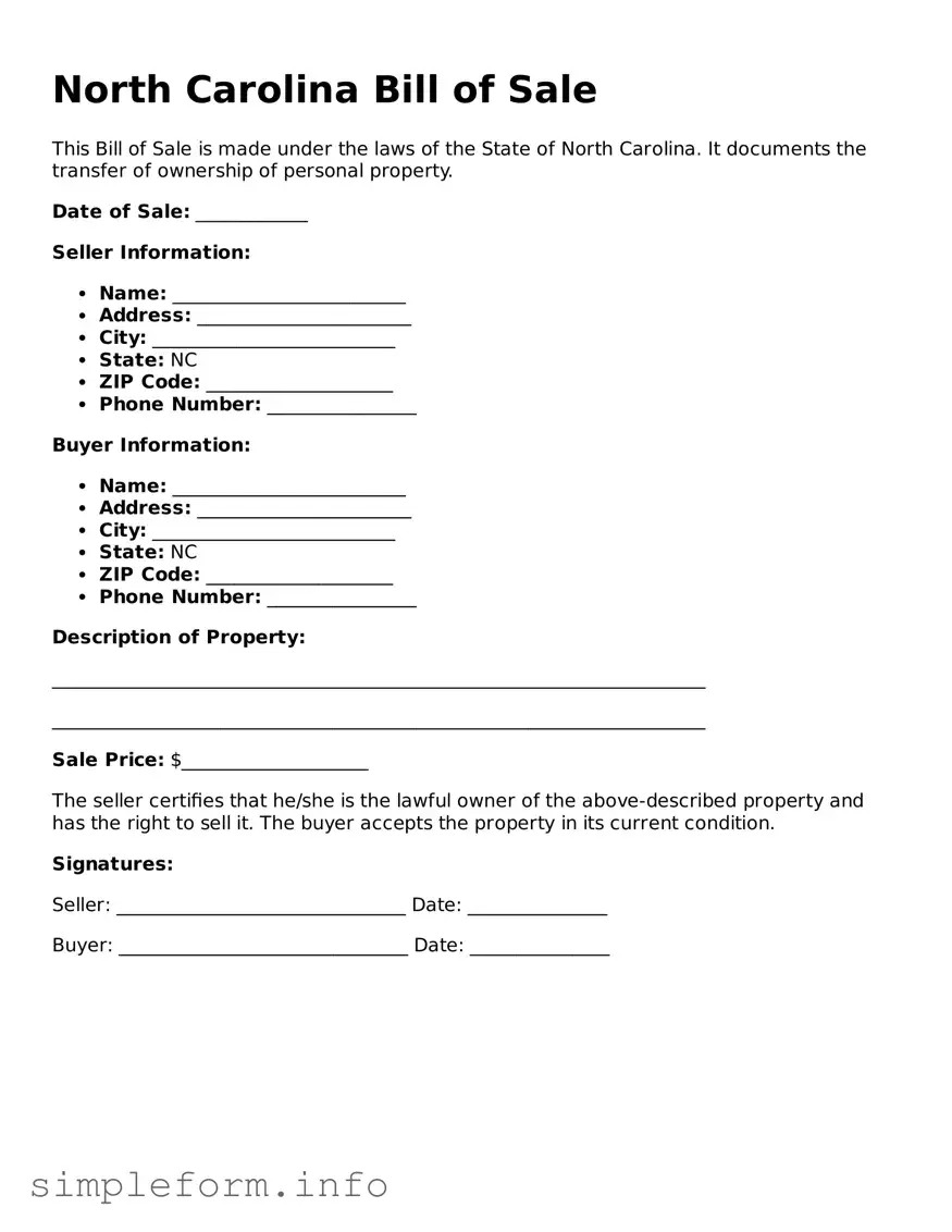 Attorney-Verified  Bill of Sale Form for North Carolina