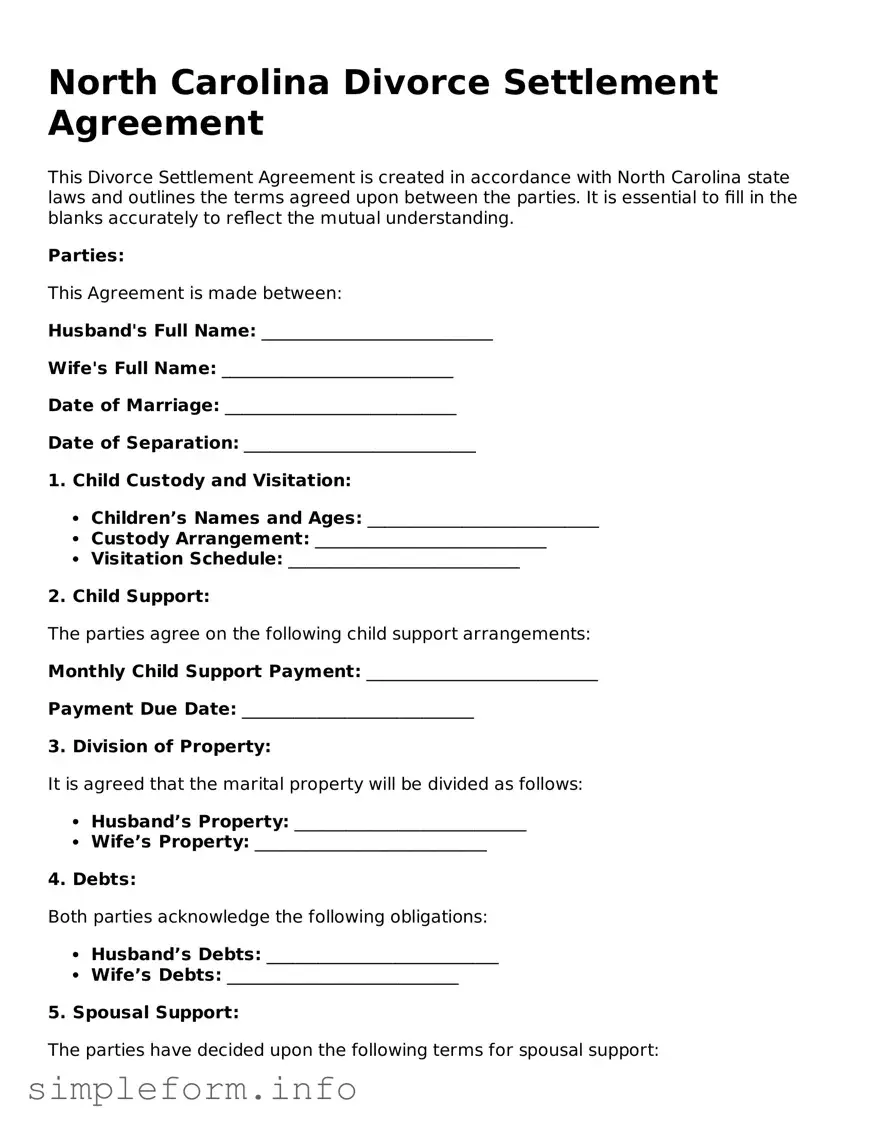 Attorney-Verified  Divorce Settlement Agreement Form for North Carolina
