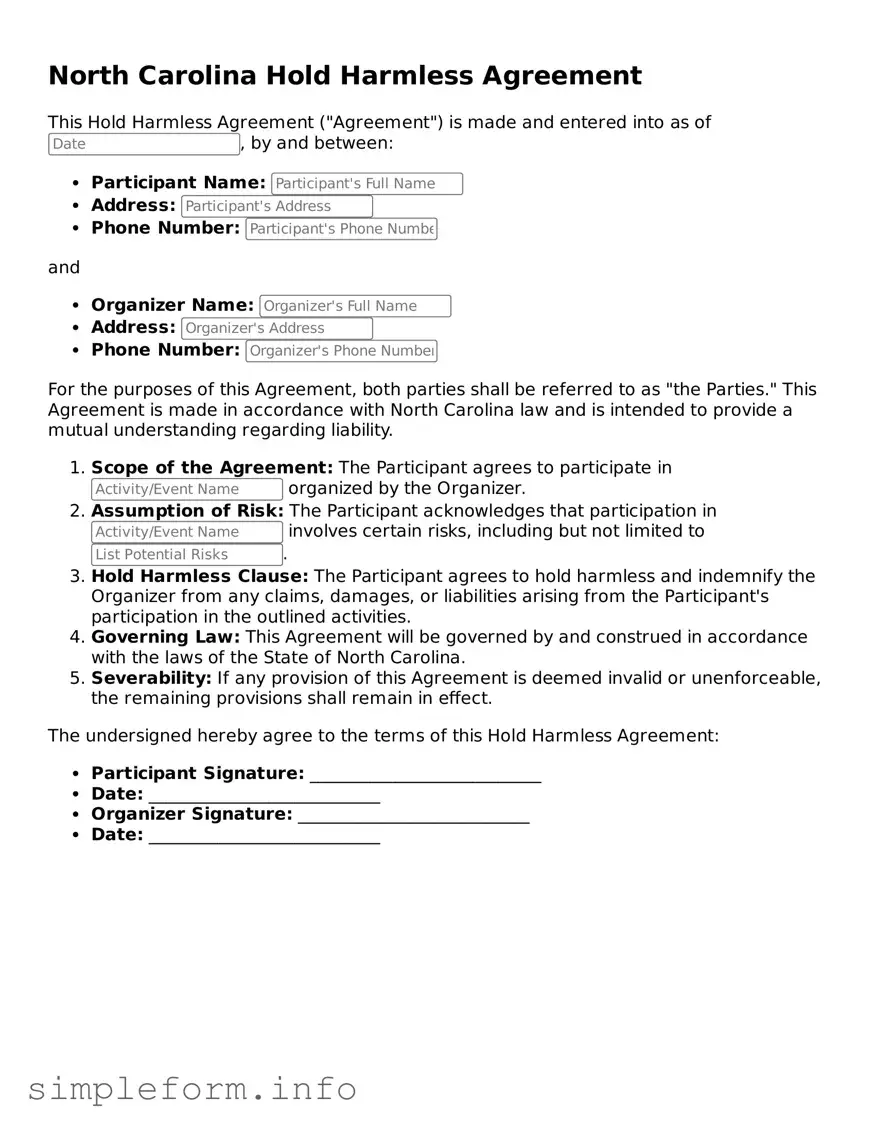 Attorney-Verified  Hold Harmless Agreement Form for North Carolina