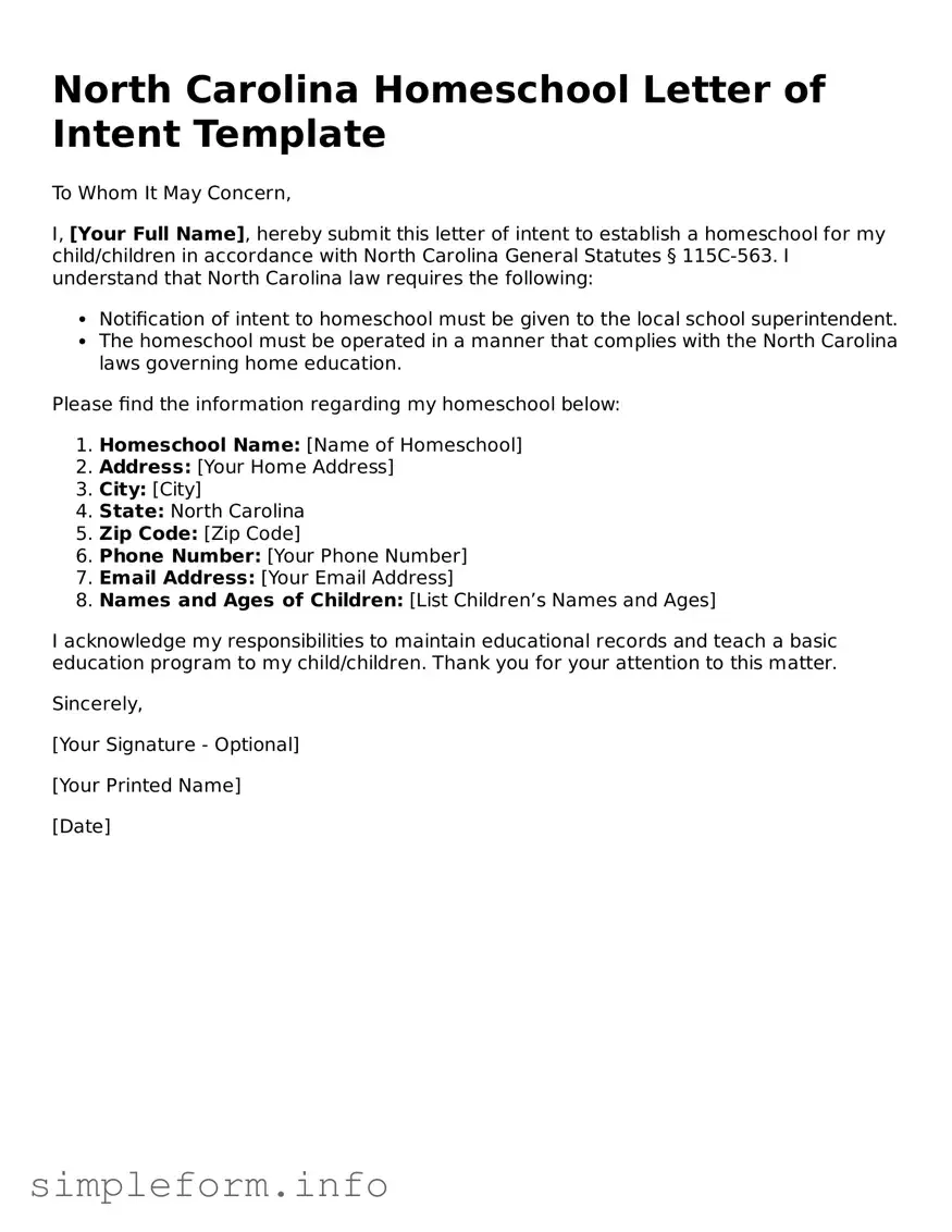 Attorney-Verified  Homeschool Letter of Intent Form for North Carolina