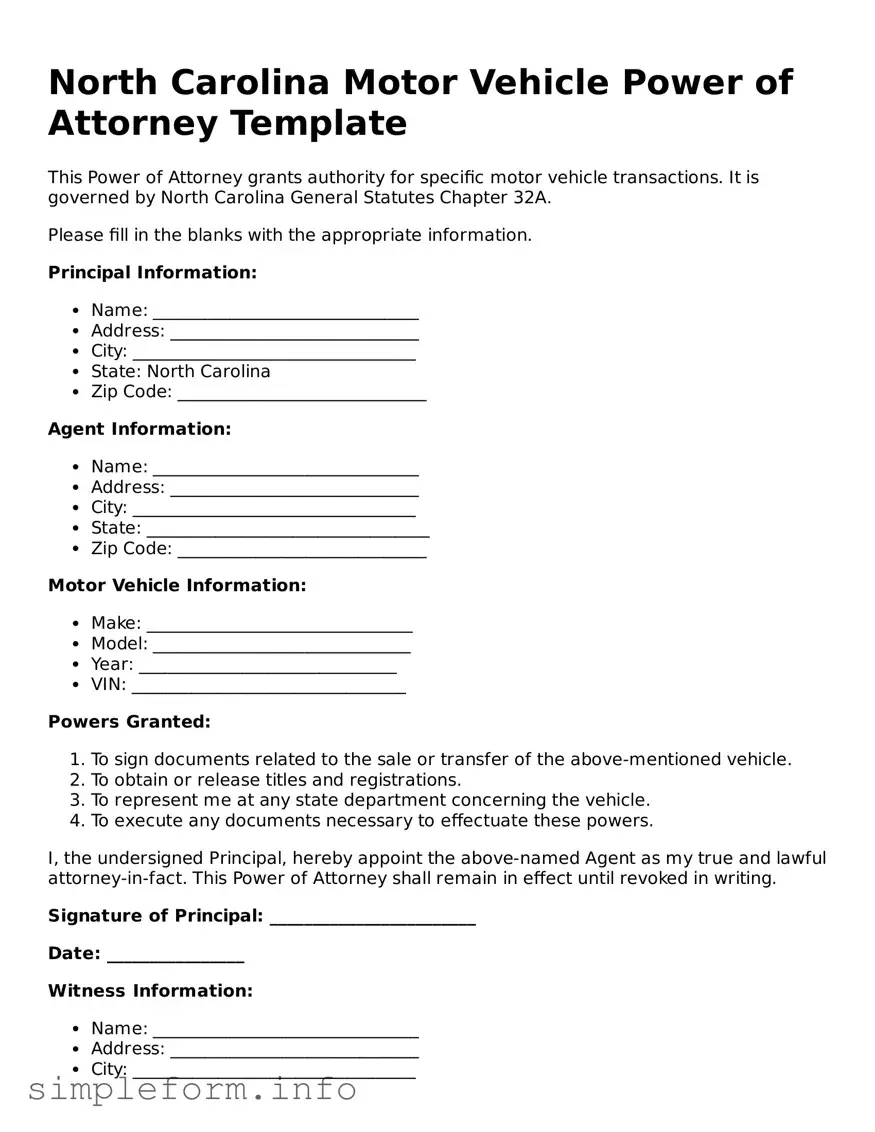 Attorney-Verified  Motor Vehicle Power of Attorney Form for North Carolina