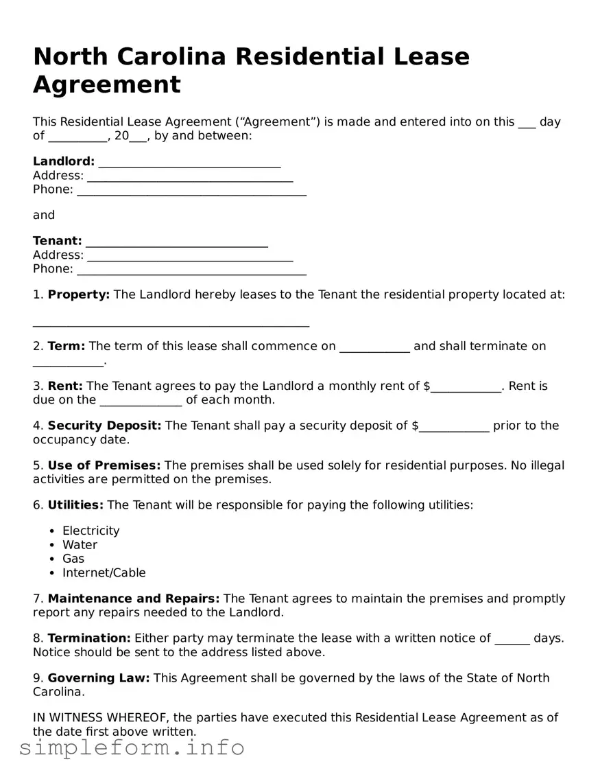 Attorney-Verified  Residential Lease Agreement Form for North Carolina