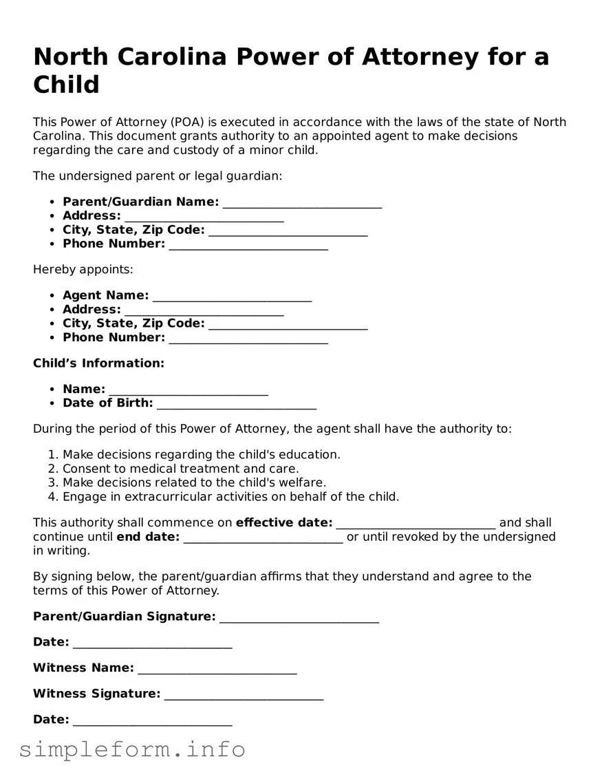 Attorney-Verified  Power of Attorney for a Child Form for North Carolina