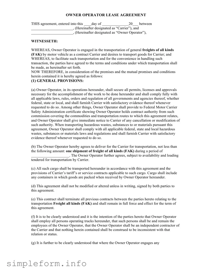 Fill Out a Valid Owner Operator Lease Agreement Form