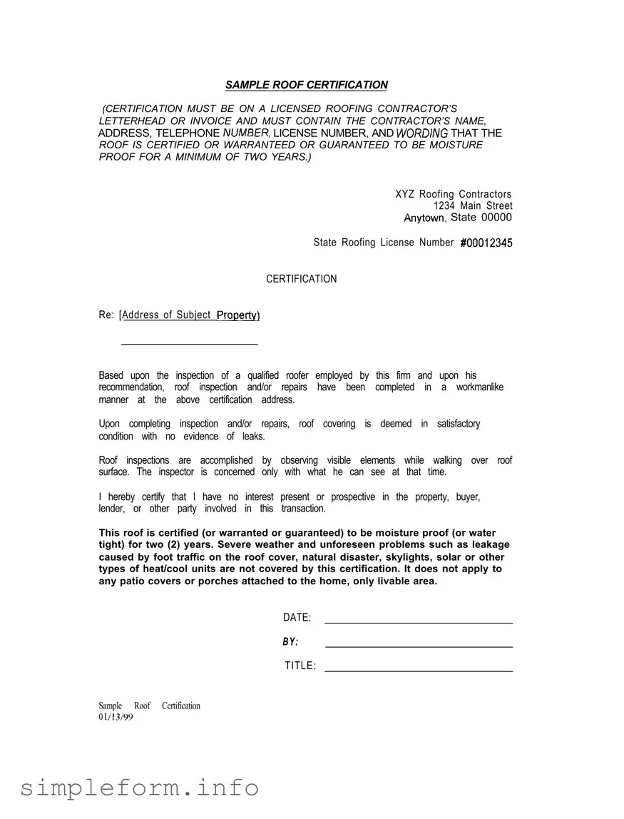 Fill Out a Valid Sample Roof Certification Form