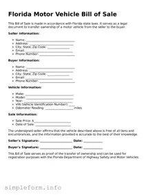 Attorney-Verified  Motor Vehicle Bill of Sale Form for Florida