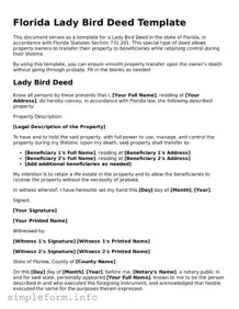 Attorney-Verified  Lady Bird Deed Form for Florida