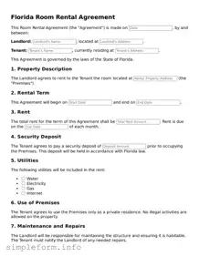 Attorney-Verified  Room Rental Agreement Form for Florida
