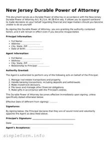 Attorney-Verified  Durable Power of Attorney Form for New Jersey