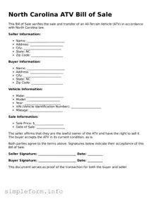 Attorney-Verified  ATV Bill of Sale Form for North Carolina