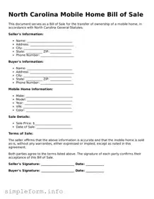 Attorney-Verified  Mobile Home Bill of Sale Form for North Carolina