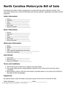Attorney-Verified  Motorcycle Bill of Sale Form for North Carolina