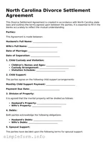 Attorney-Verified  Divorce Settlement Agreement Form for North Carolina