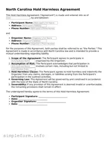 Attorney-Verified  Hold Harmless Agreement Form for North Carolina